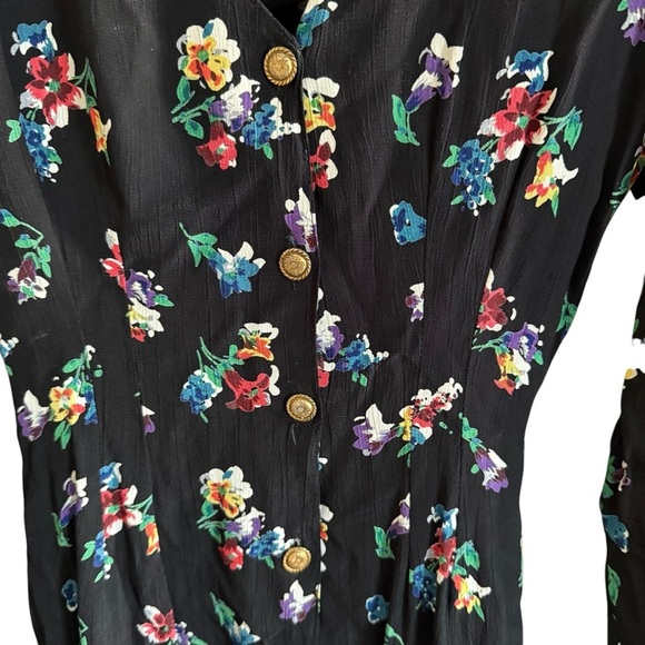 Vintage Equation V Neck Floral 90s Cottagecore Button Front Dress Tie Waist L - Picture 6 of 14
